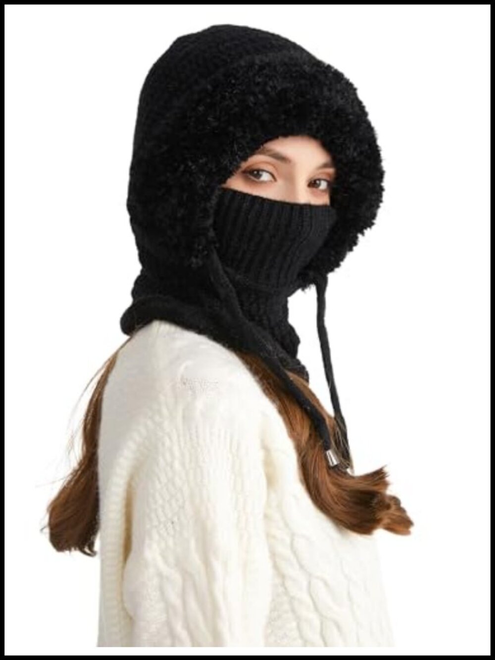 Slouchy Fleece Lined Knit Beanie Scarf Mask Balaclava Drawstring